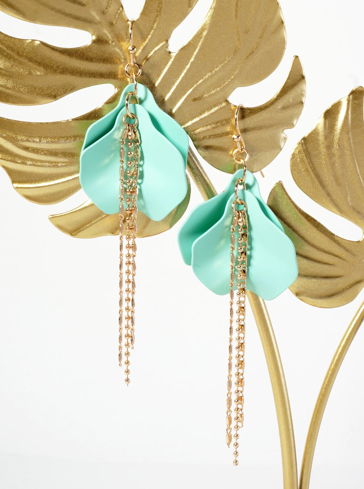 Botanical-Theme Rubber-Coated Flower Petal Design Dangle Earrings With Chain Drop