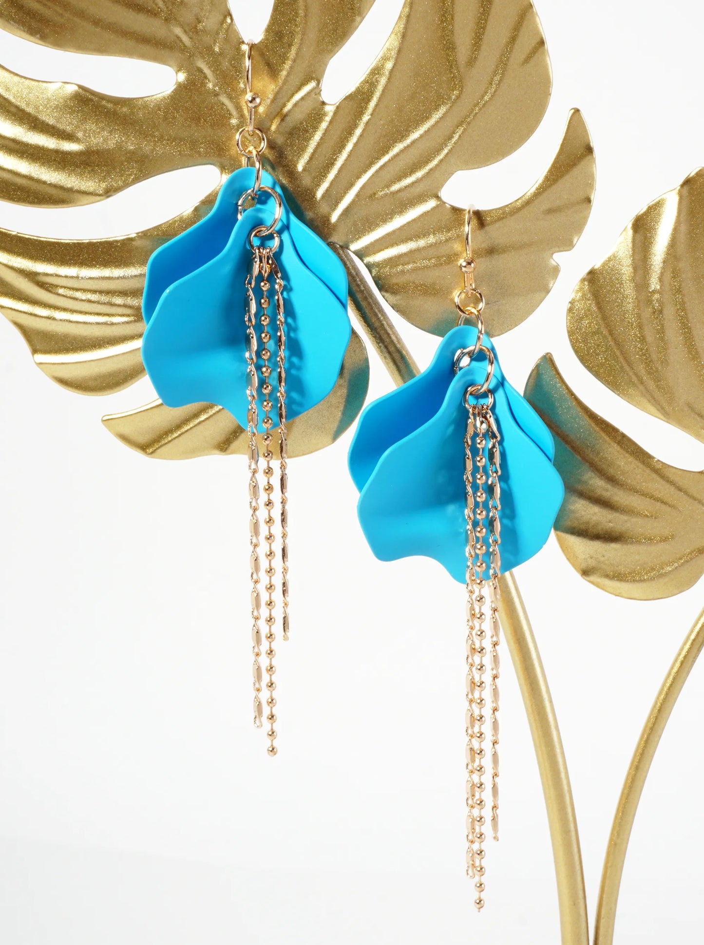 Botanical-Theme Rubber-Coated Flower Petal Design Dangle Earrings With Chain Drop