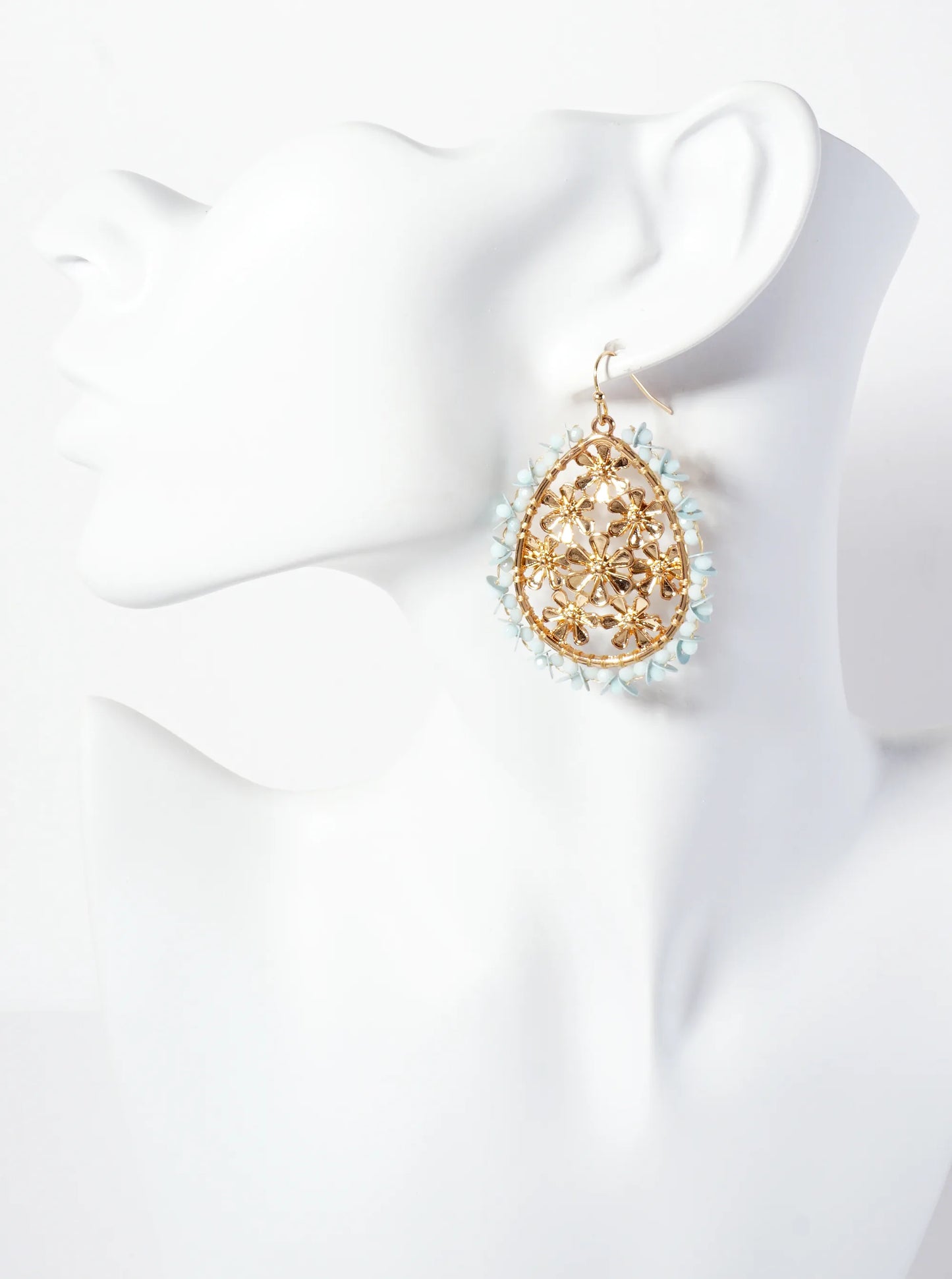 Botanical-Theme Sequin Glass-Beaded Floral Teardrop Dangle Earrings