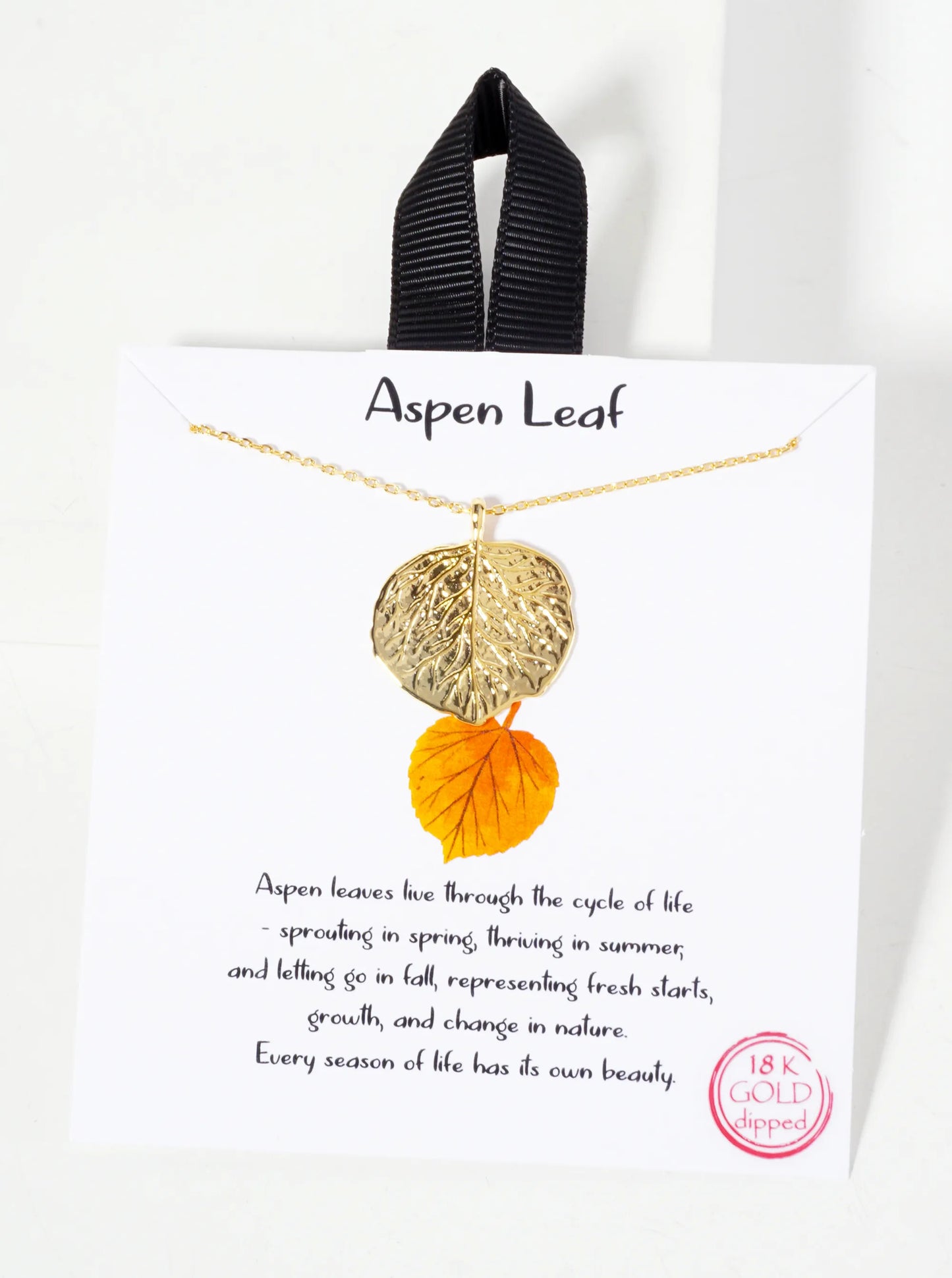 Botanical-Theme Textured Aspen Leaf Pendant 18K-Gold-Dipped Necklace