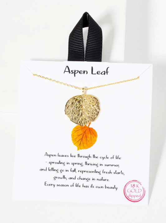 Botanical-Theme Textured Aspen Leaf Pendant 18K-Gold-Dipped Necklace