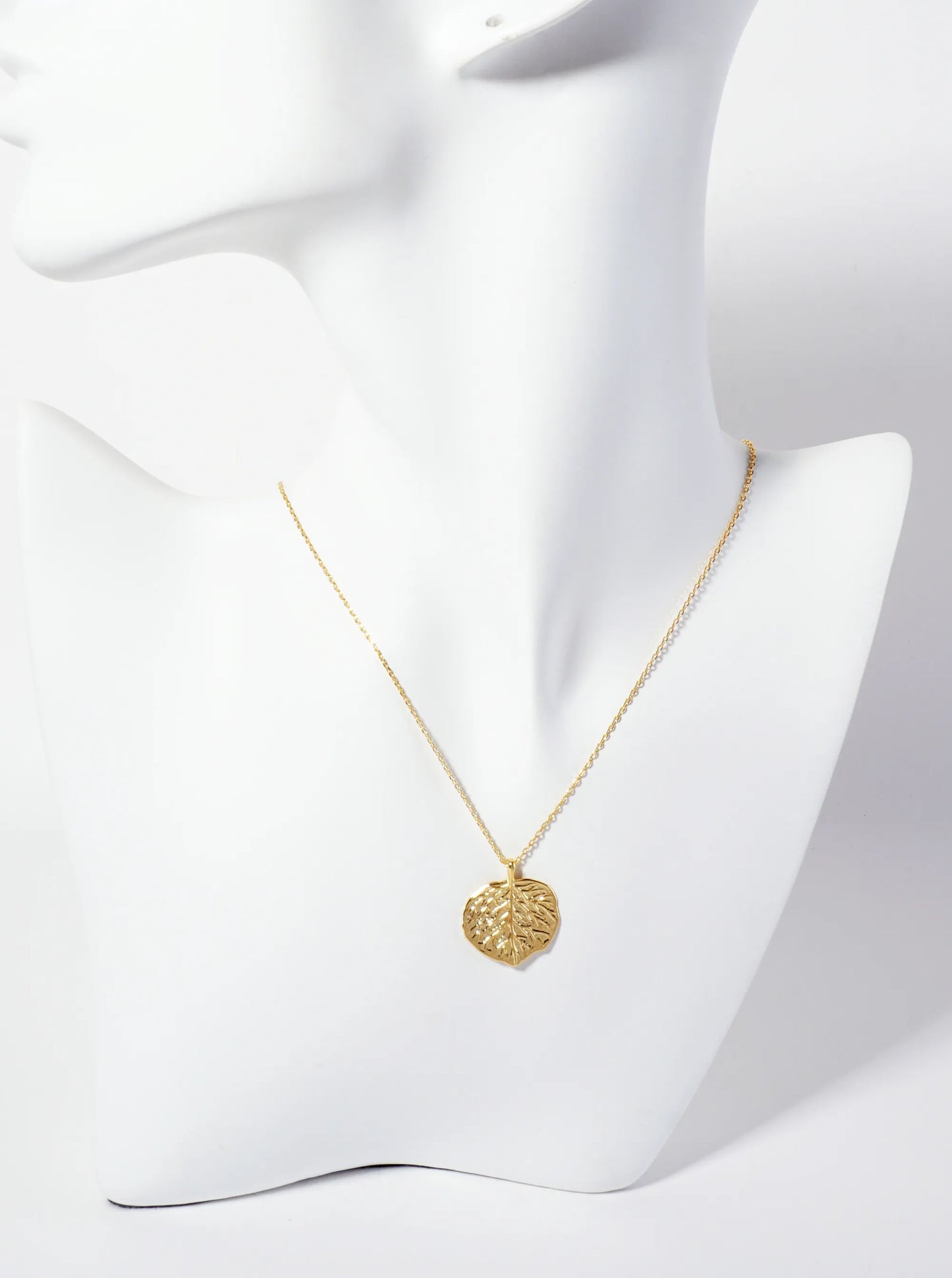 Botanical-Theme Textured Aspen Leaf Pendant 18K-Gold-Dipped Necklace