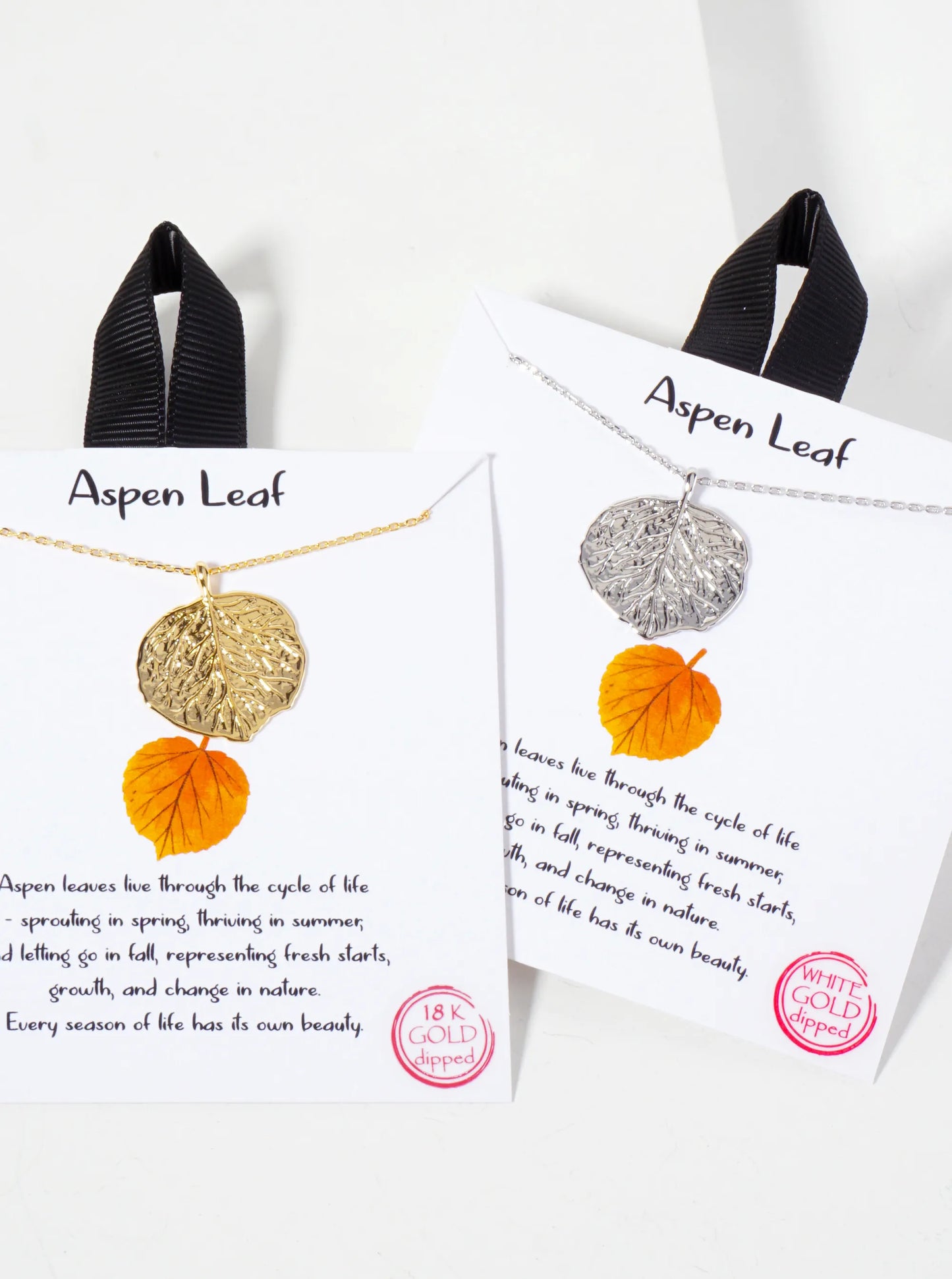 Botanical-Theme Textured Aspen Leaf Pendant 18K-Gold-Dipped Necklace