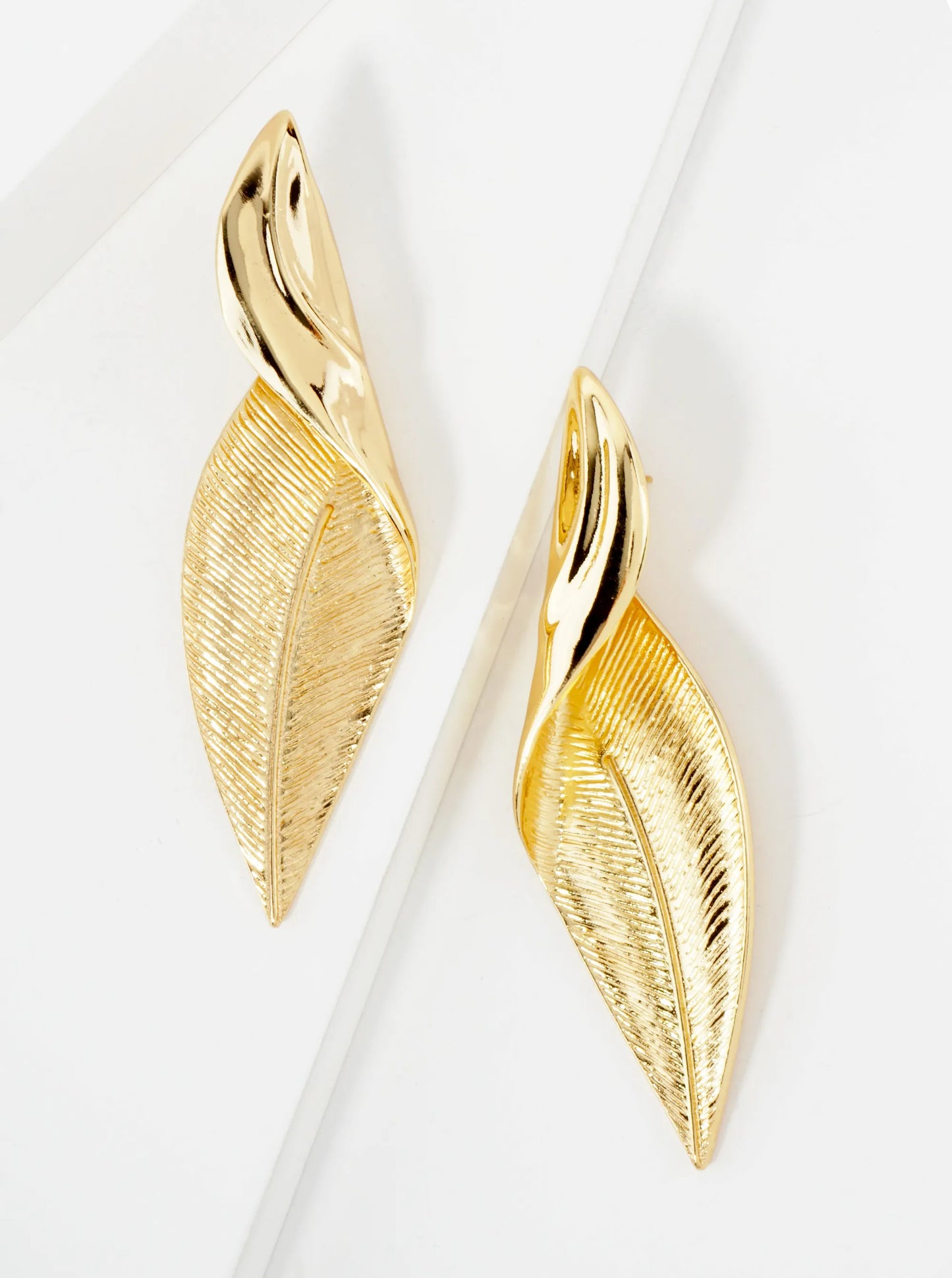 Botanical-Theme Textured Elegantly Twisted Leaf Design 14K-Gold-Dipped Brass Statement Earrings