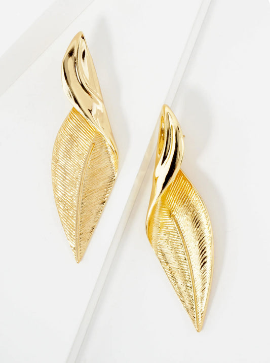Botanical-Theme Textured Elegantly Twisted Leaf Design 14K-Gold-Dipped Brass Statement Earrings