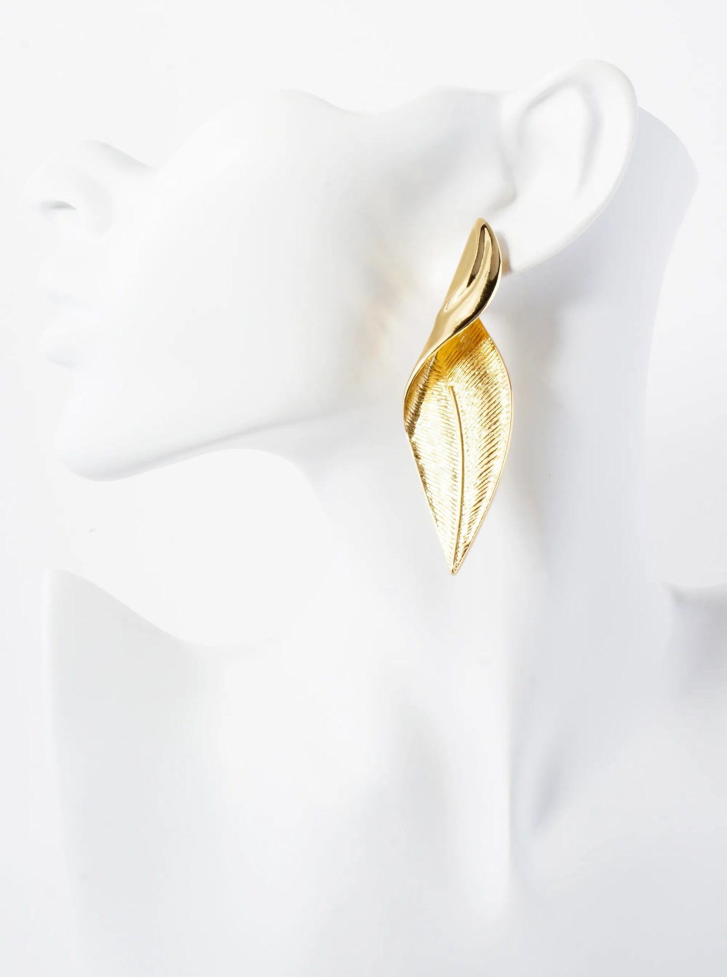 Botanical-Theme Textured Elegantly Twisted Leaf Design 14K-Gold-Dipped Brass Statement Earrings
