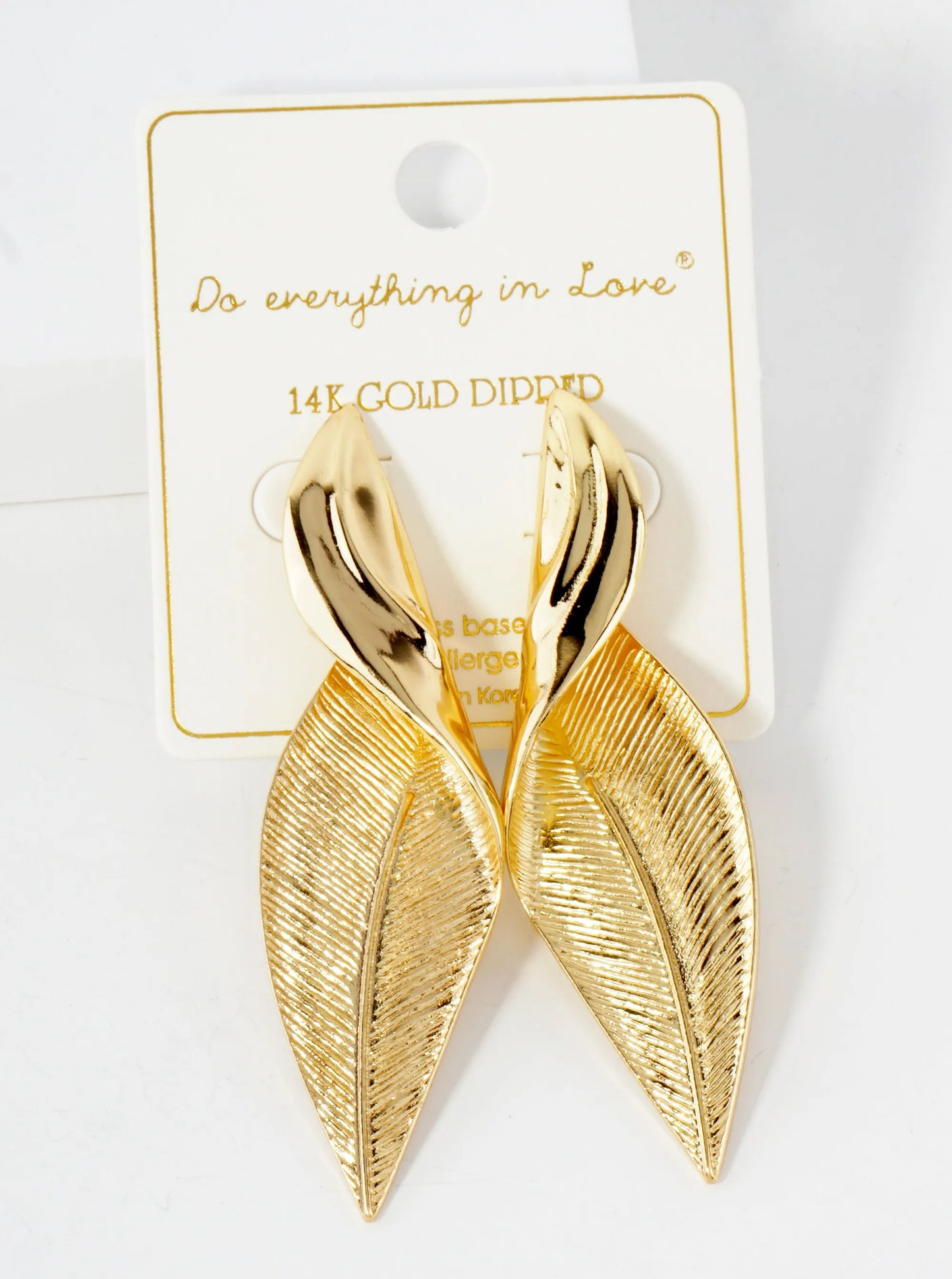 Botanical-Theme Textured Elegantly Twisted Leaf Design 14K-Gold-Dipped Brass Statement Earrings