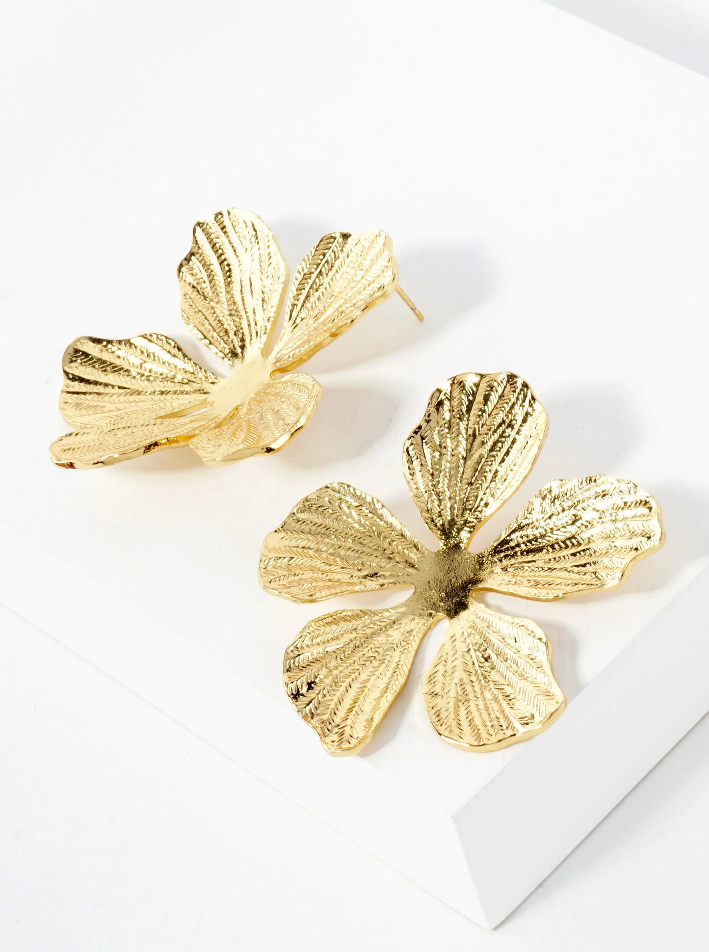 Botanical-Theme Textured Flower Shape 14K-Gold-Dipped Brass Statement Earrings