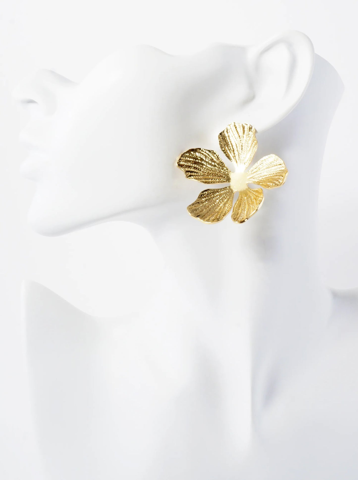 Botanical-Theme Textured Flower Shape 14K-Gold-Dipped Brass Statement Earrings