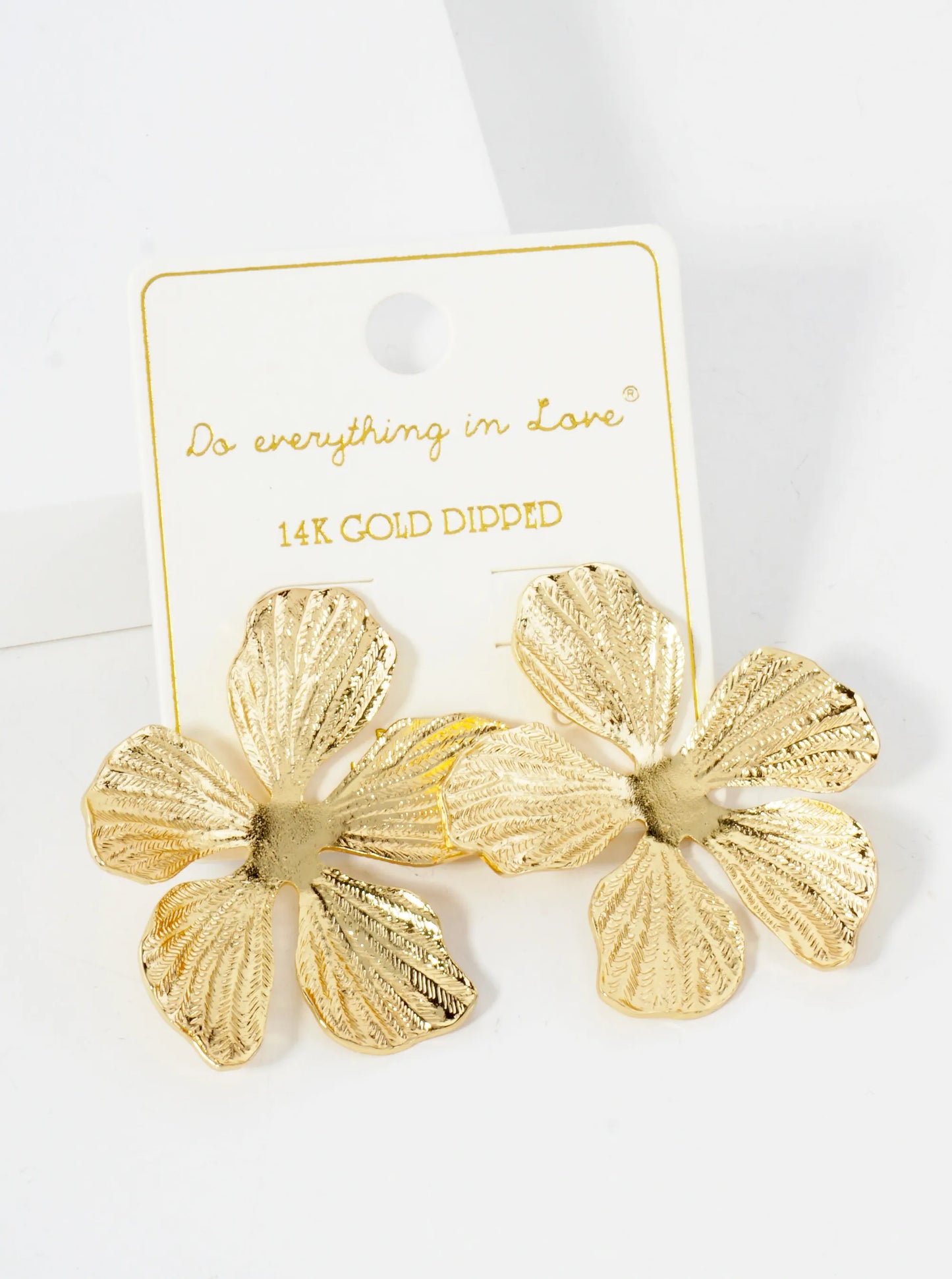 Botanical-Theme Textured Flower Shape 14K-Gold-Dipped Brass Statement Earrings