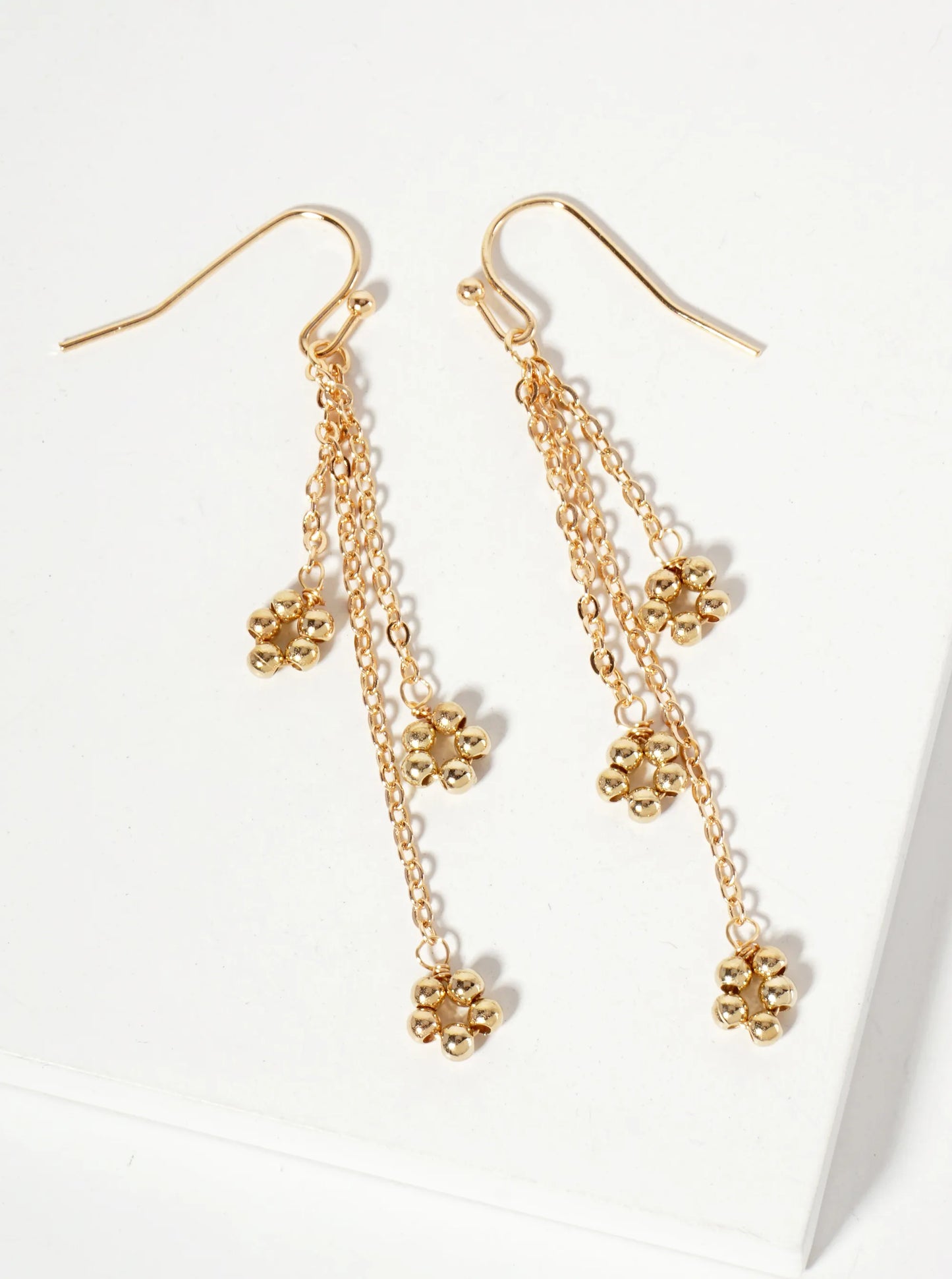 Botanical-Theme Three Flower-Shaped Metallic Beads Drop Chain Earrings