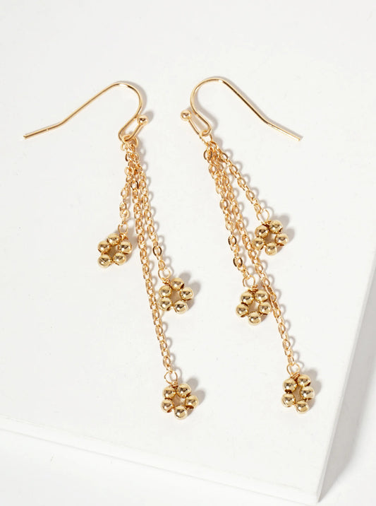 Botanical-Theme Three Flower-Shaped Metallic Beads Drop Chain Earrings
