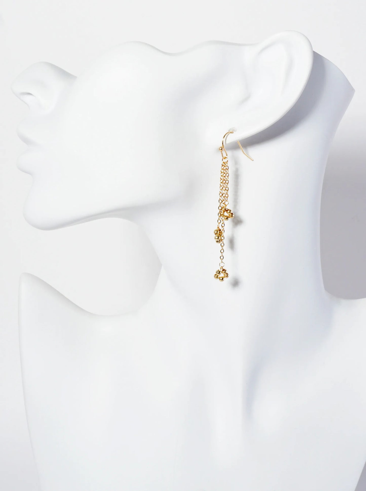 Botanical-Theme Three Flower-Shaped Metallic Beads Drop Chain Earrings