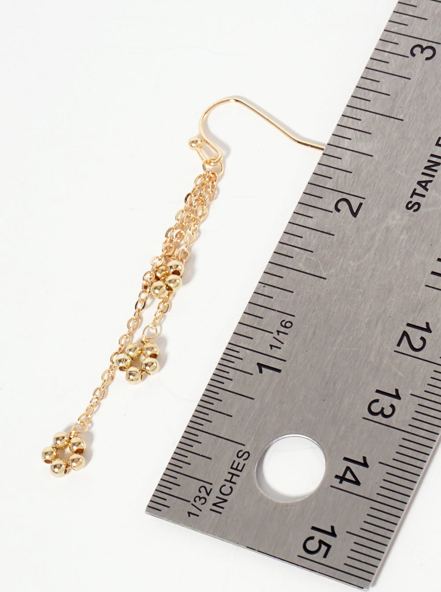 Botanical-Theme Three Flower-Shaped Metallic Beads Drop Chain Earrings