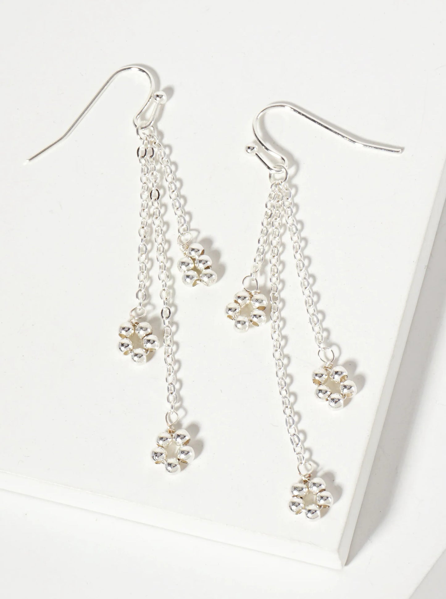 Botanical-Theme Three Flower-Shaped Metallic Beads Drop Chain Earrings