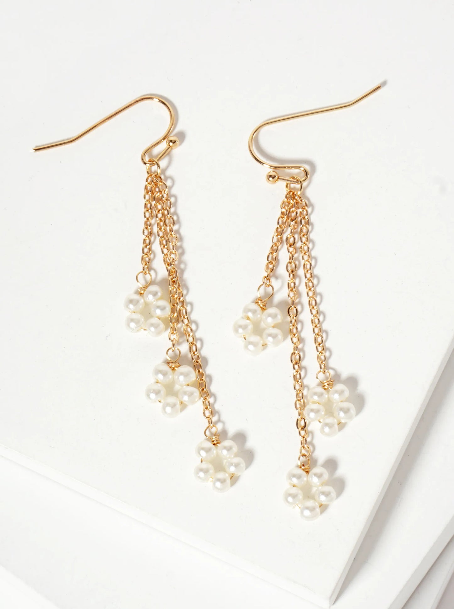 Botanical-Theme Three Flower-Shaped Pearls Drop Chain Earrings