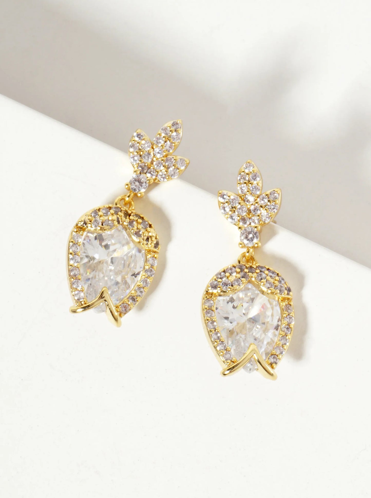 Botanical-Theme Upside-Down Tulip Design 18K-Gold-Dipped Cubic-Zirconia Dangle Post Earrings