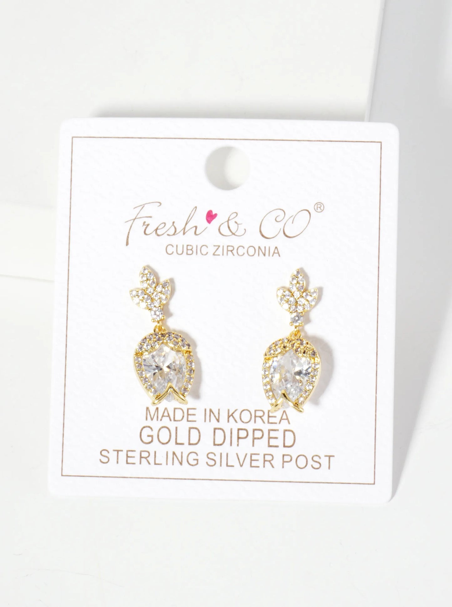 Botanical-Theme Upside-Down Tulip Design 18K-Gold-Dipped Cubic-Zirconia Dangle Post Earrings
