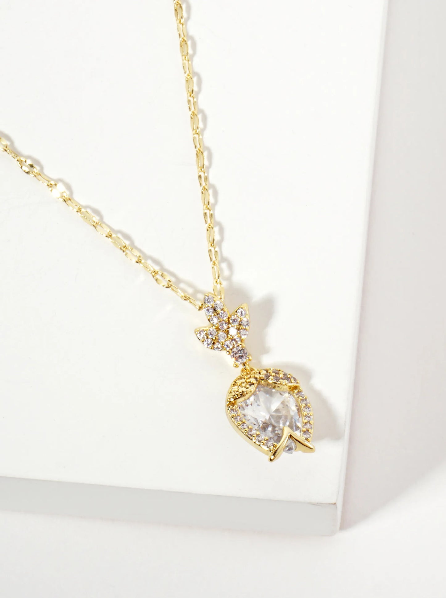 Botanical-Theme Upside-Down Tulip Design 18K-Gold-Dipped Cubic-Zirconia Pendant Necklace