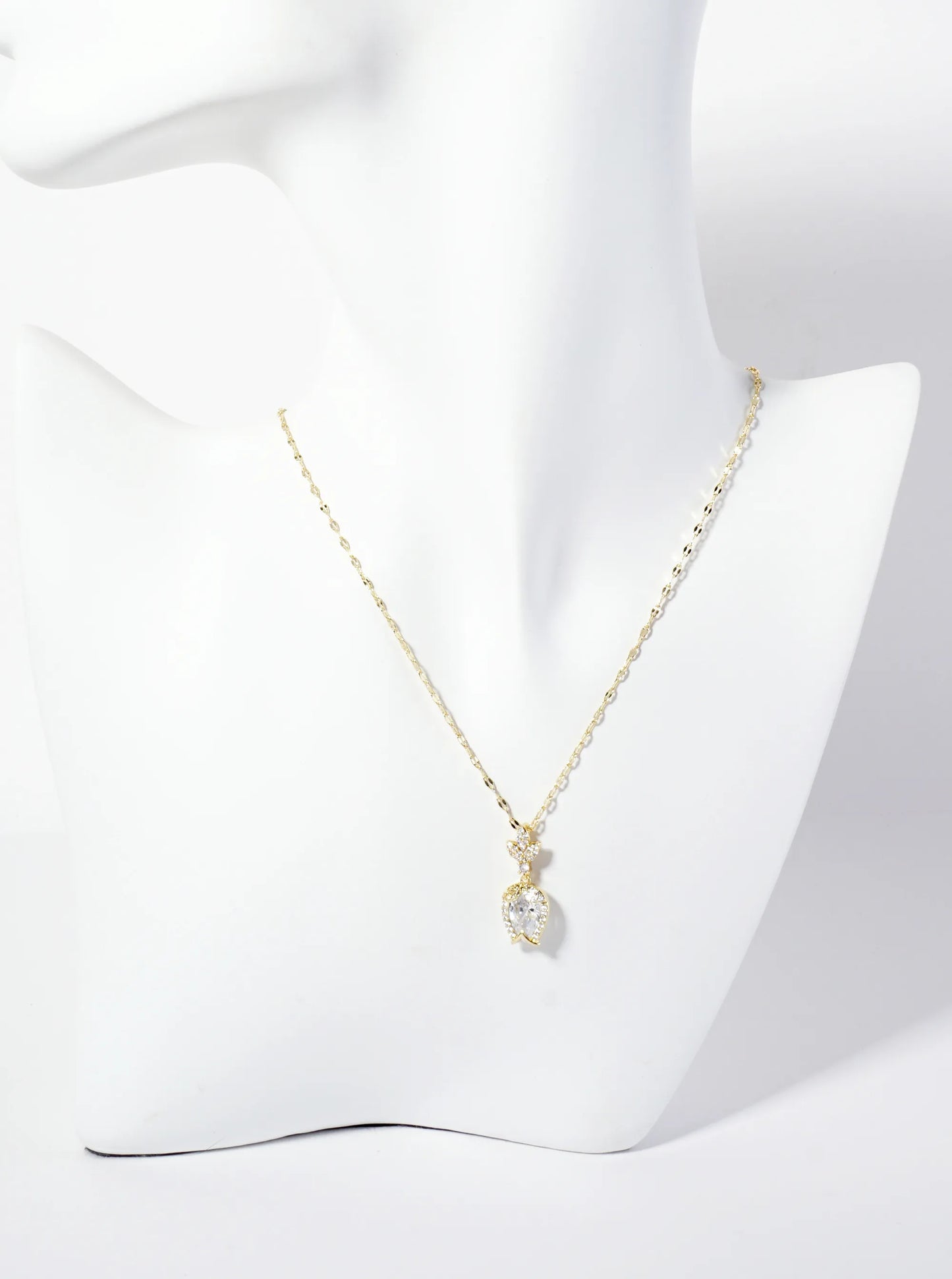 Botanical-Theme Upside-Down Tulip Design 18K-Gold-Dipped Cubic-Zirconia Pendant Necklace