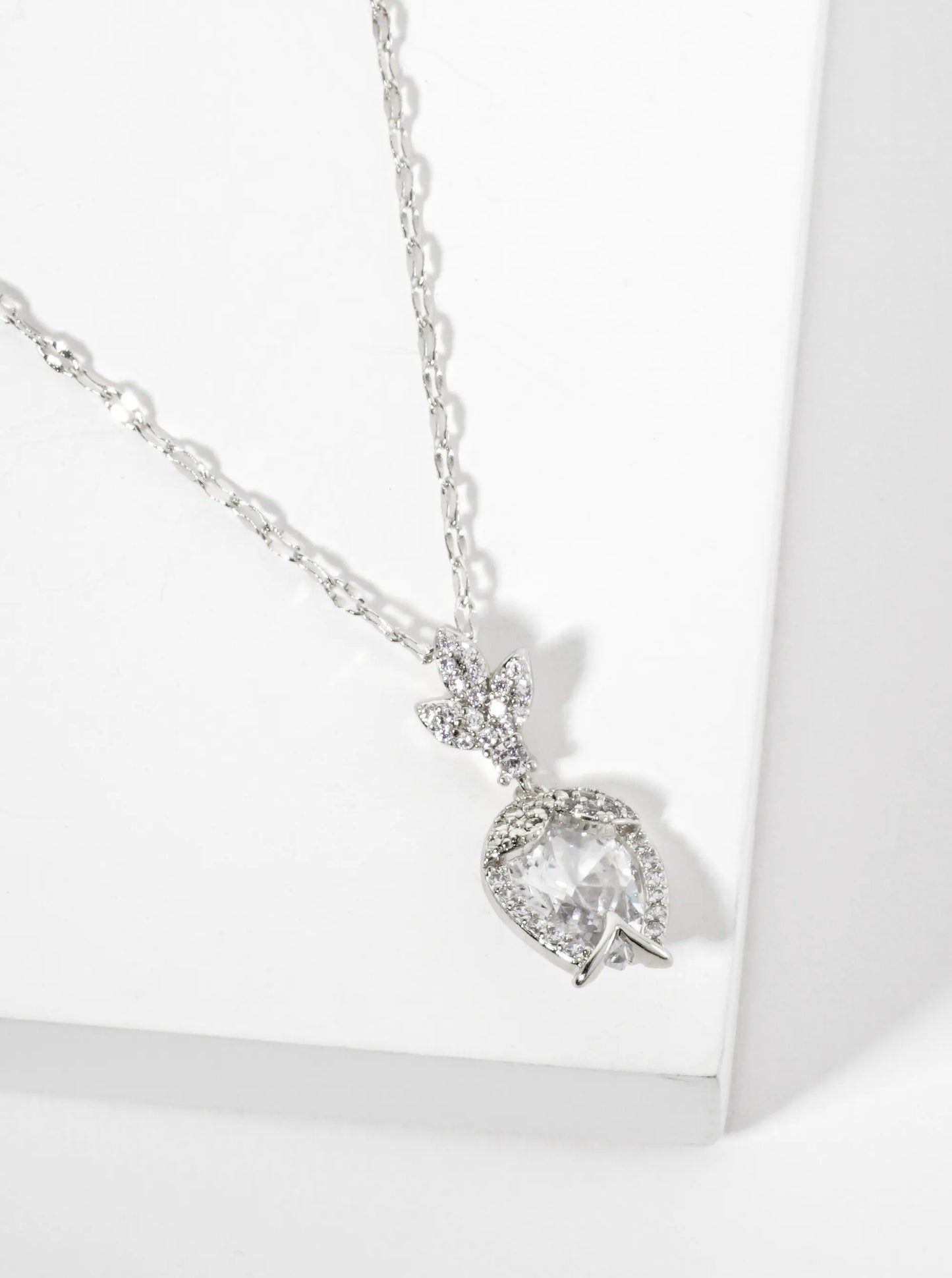 Botanical-Theme Upside-Down Tulip Design 18K-Gold-Dipped Cubic-Zirconia Pendant Necklace