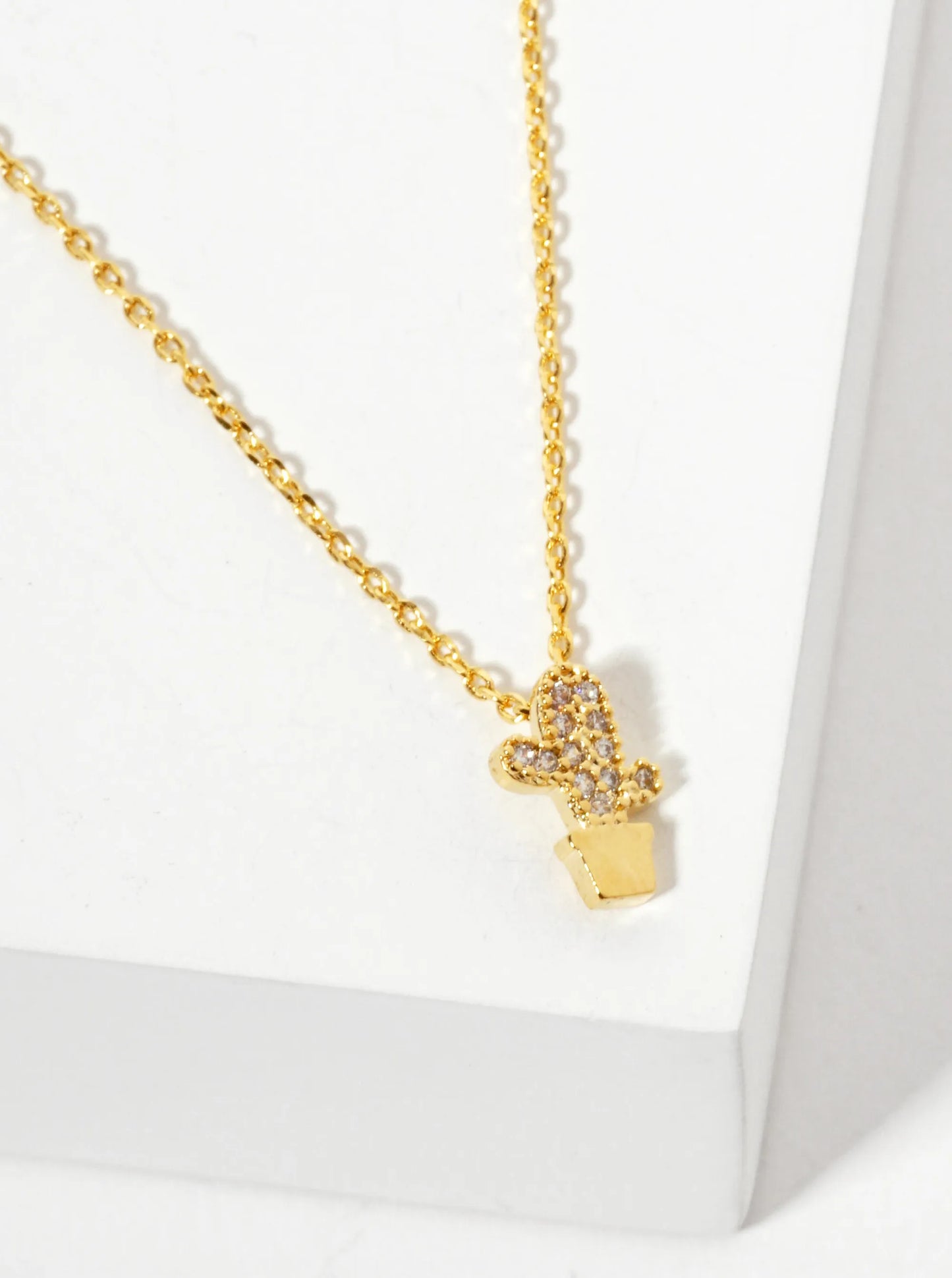 Botanical-theme 18K-Gold-Dipped Pave Set Cubic-Zirconia Cactus Pendant Necklace