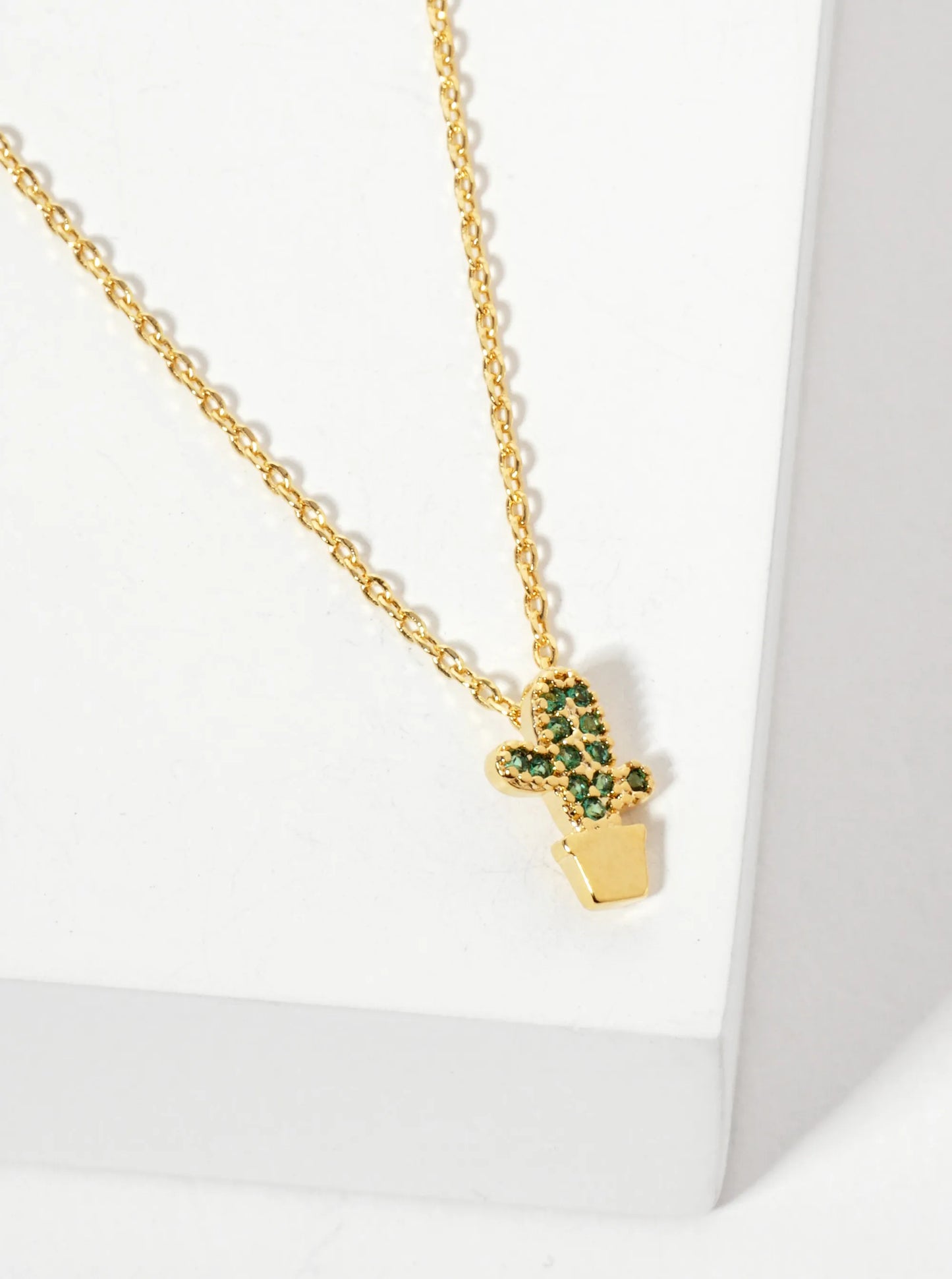 Botanical-theme 18K-Gold-Dipped Pave Set Cubic-Zirconia Cactus Pendant Necklace