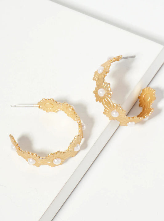 Botanical-theme Pearl Beaded Flower-shaped Open Hoop Earrings