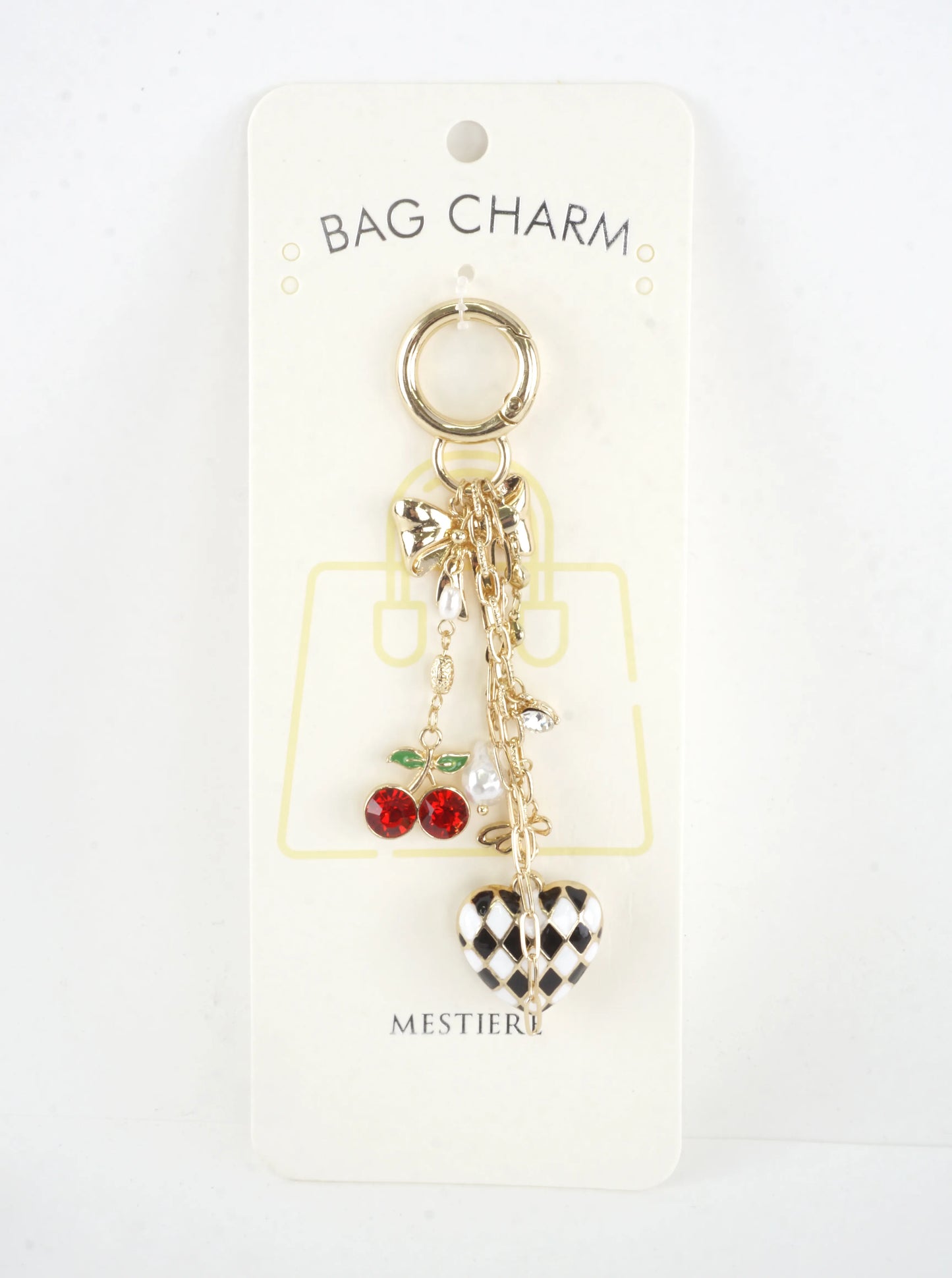 Bow Cherry Checkered Heart Bag Key Charm