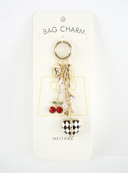 Bow Cherry Checkered Heart Bag Key Charm