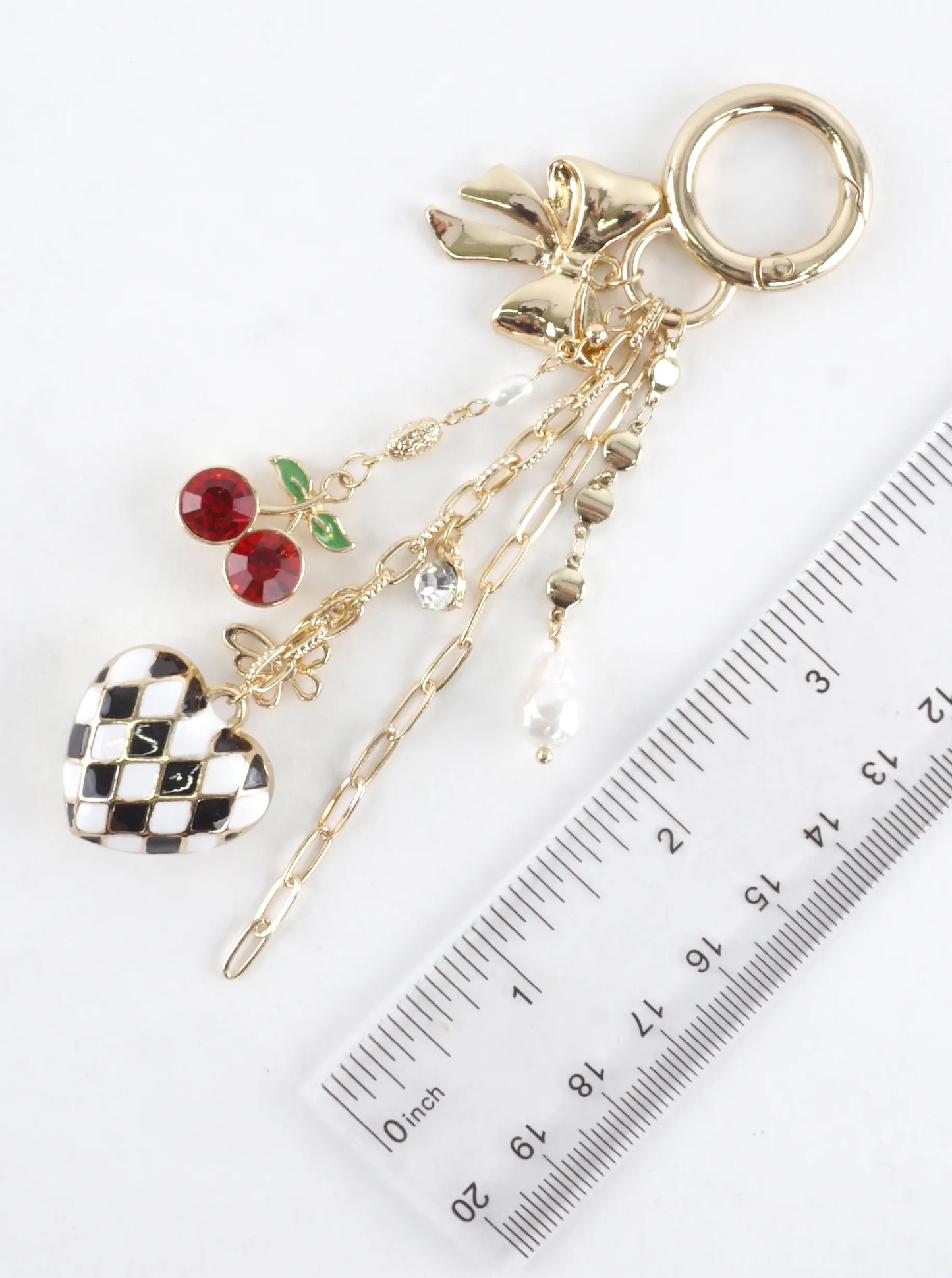 Bow Cherry Checkered Heart Bag Key Charm