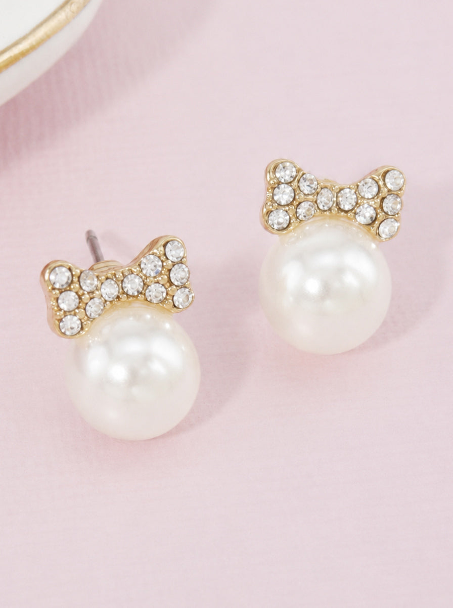 Bow Pearl Rhinestone Stud Earrings