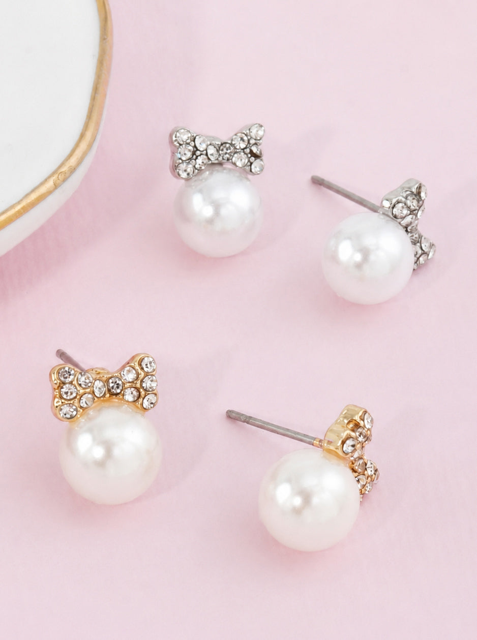 Bow Pearl Rhinestone Stud Earrings