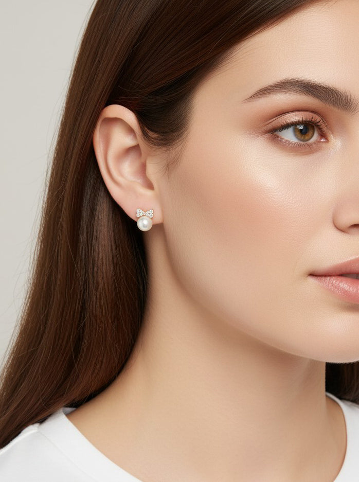 Bow Pearl Rhinestone Stud Earrings