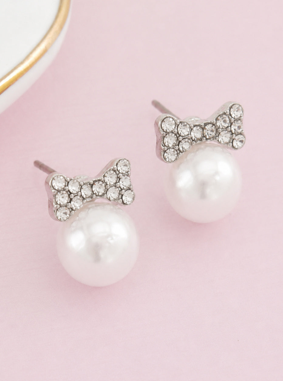Bow Pearl Rhinestone Stud Earrings
