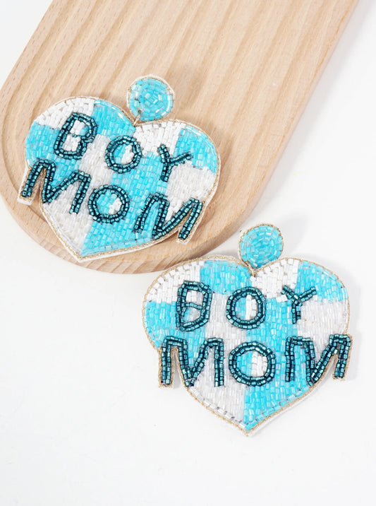 Boy Mom Cylinder-Beaded Big Heart Mothers-Day Statement Earrings