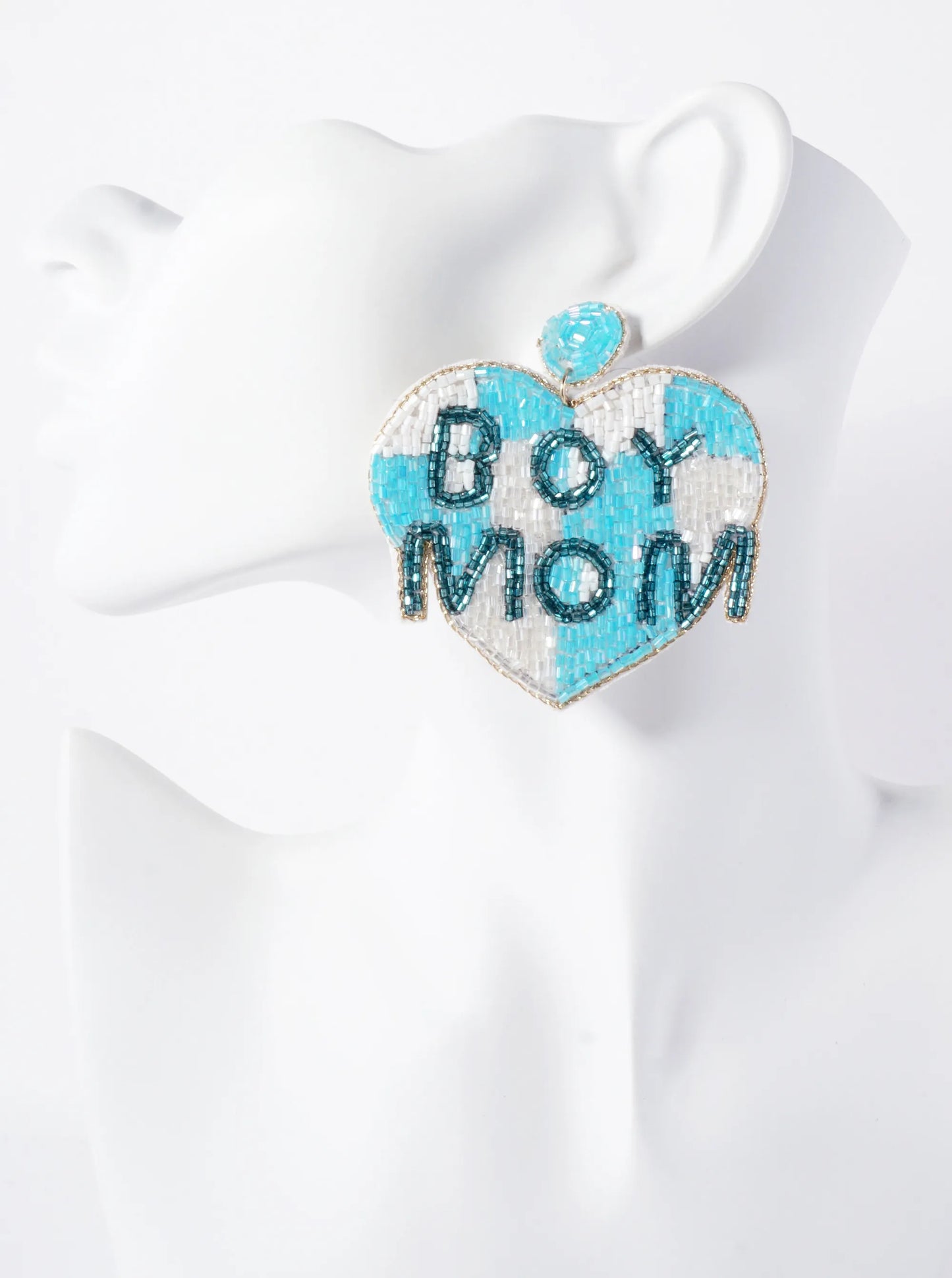 Boy Mom Cylinder-Beaded Big Heart Mothers-Day Statement Earrings
