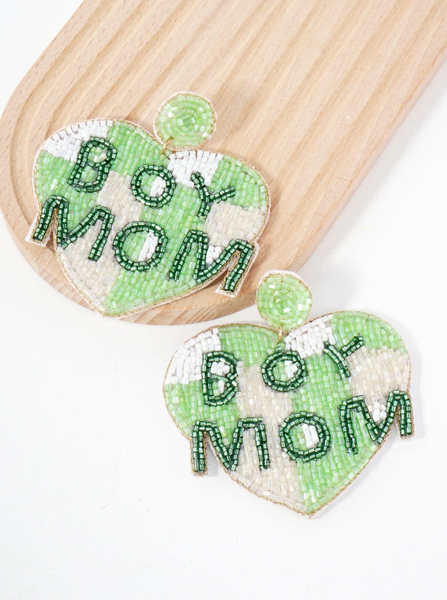 Boy Mom Cylinder-Beaded Big Heart Mothers-Day Statement Earrings