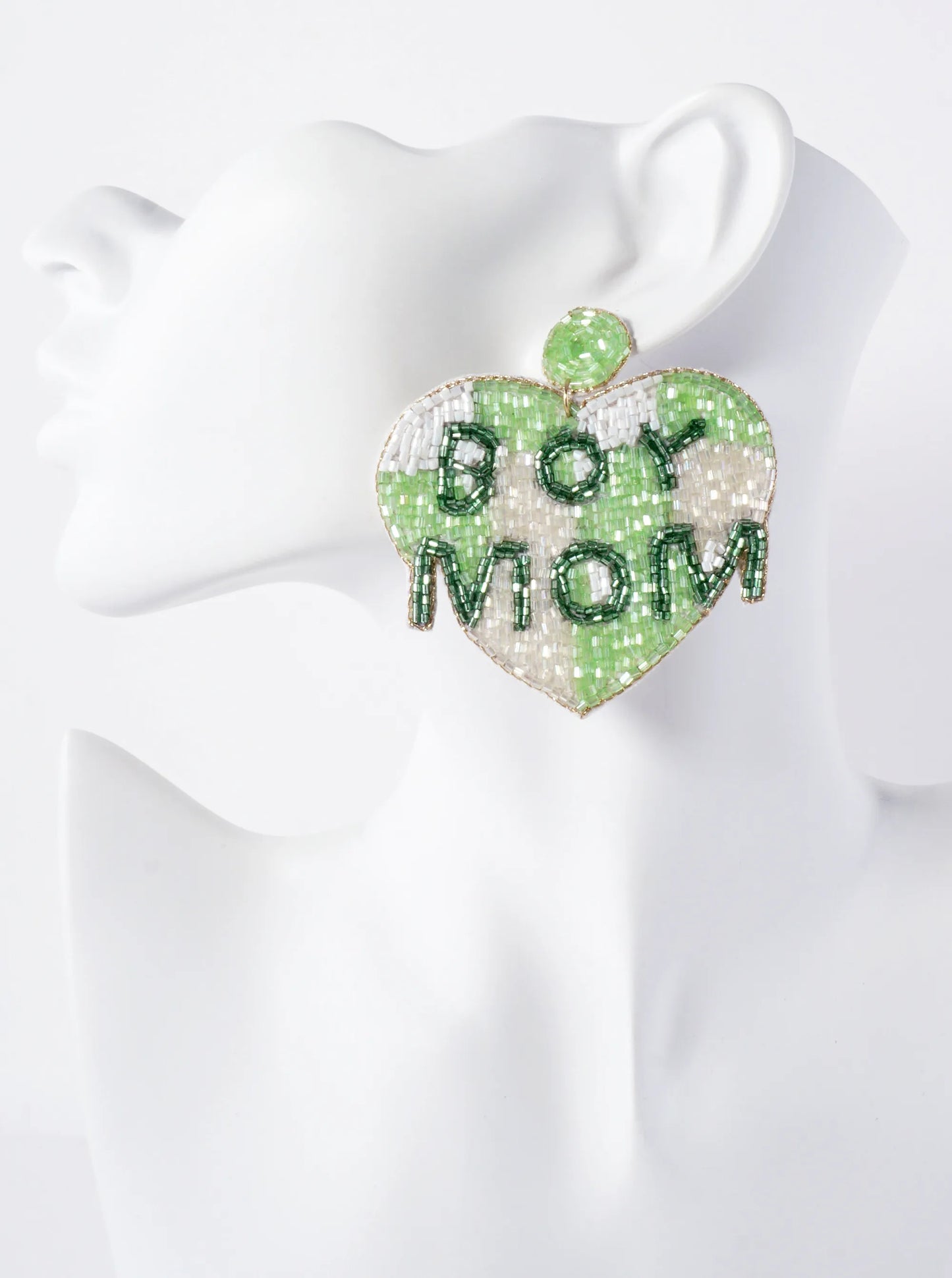 Boy Mom Cylinder-Beaded Big Heart Mothers-Day Statement Earrings