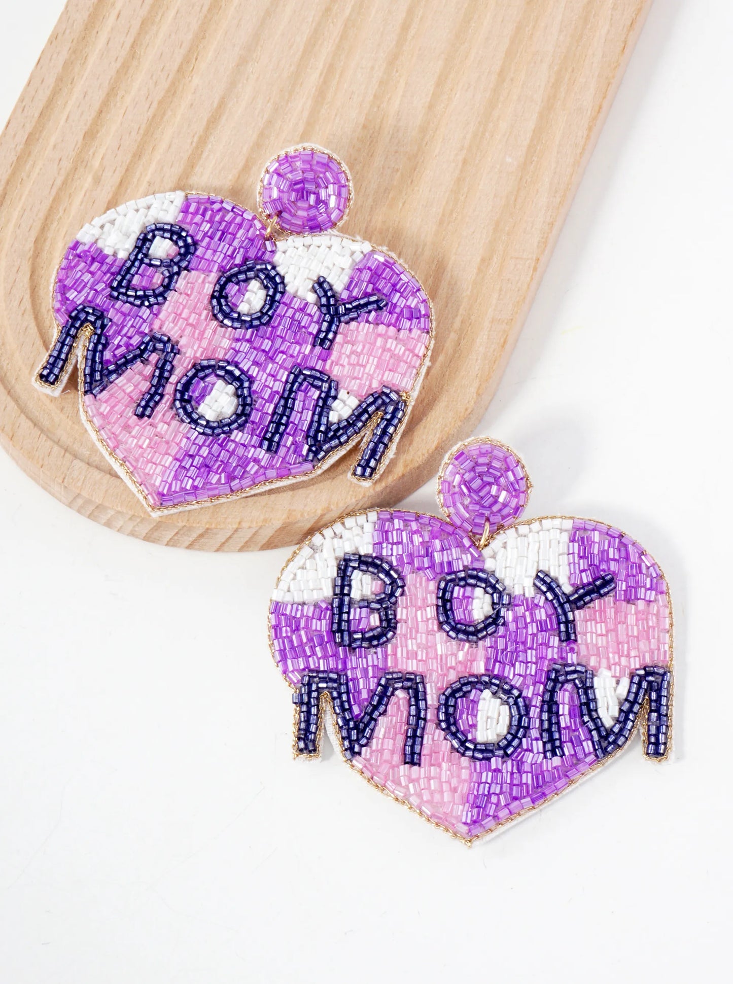 Boy Mom Cylinder-Beaded Big Heart Mothers-Day Statement Earrings
