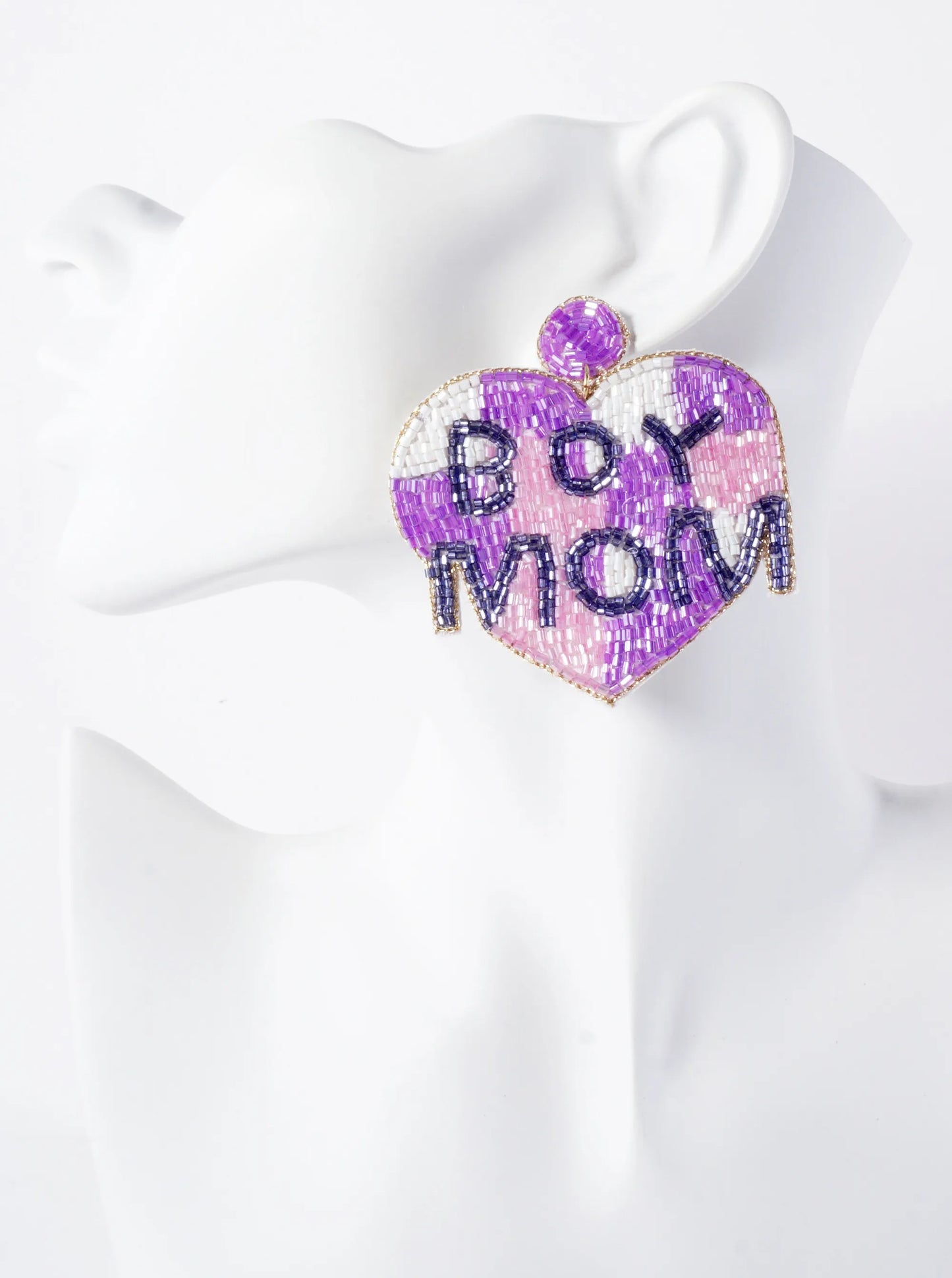 Boy Mom Cylinder-Beaded Big Heart Mothers-Day Statement Earrings