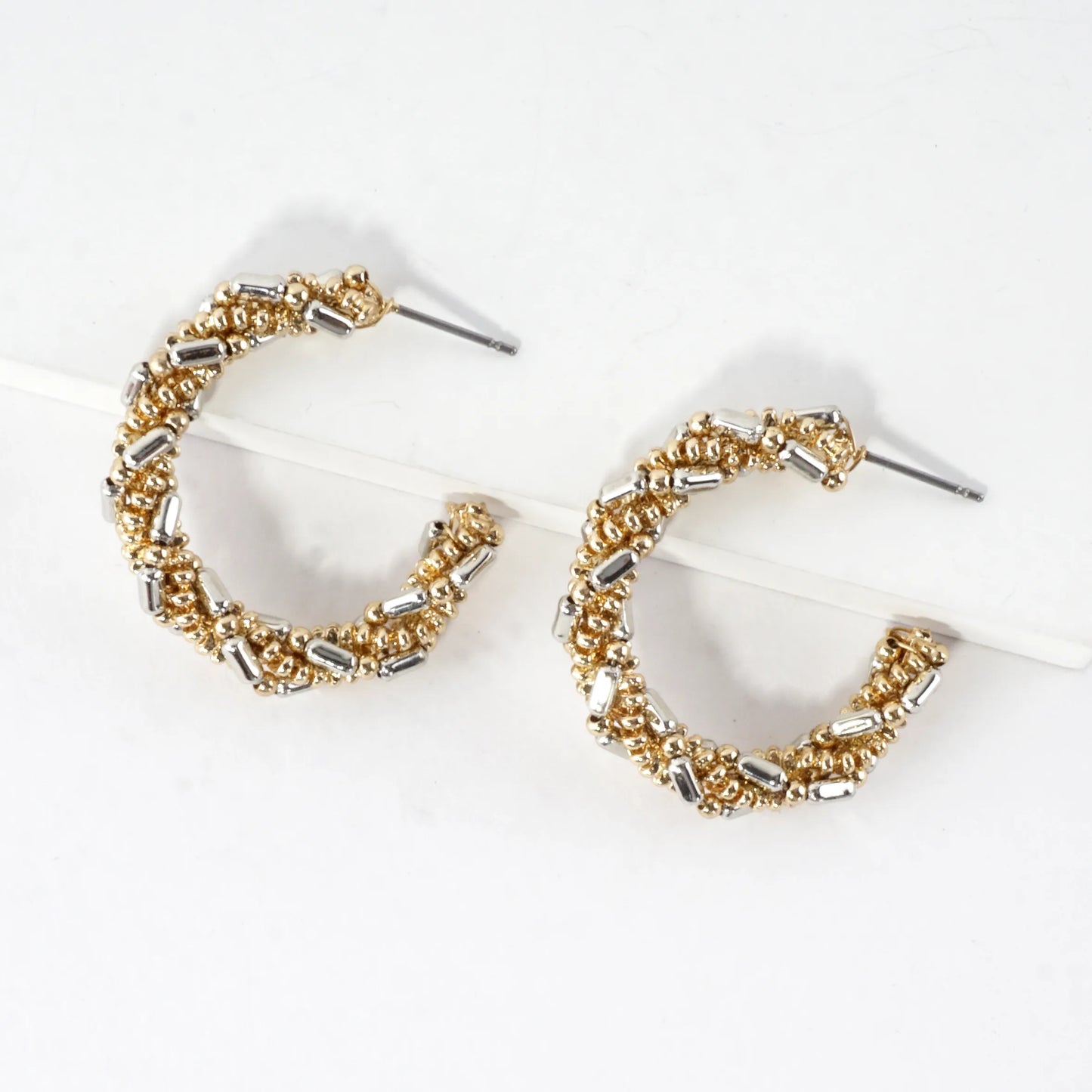 Braided Beaded Hoop Earrings Mixed Metal Accents