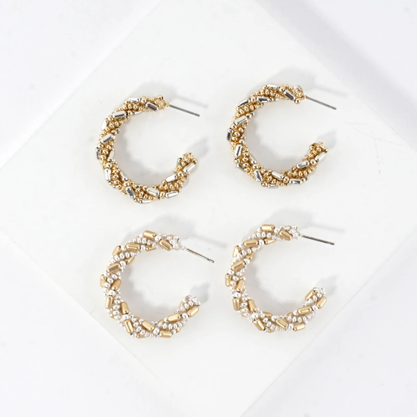 Braided Beaded Hoop Earrings Mixed Metal Accents