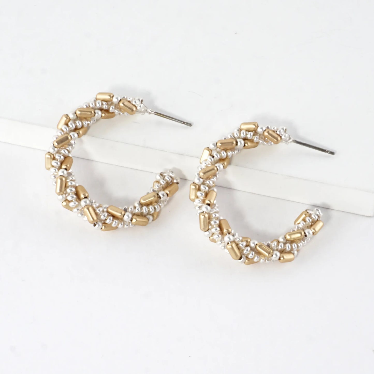 Braided Beaded Hoop Earrings Mixed Metal Accents