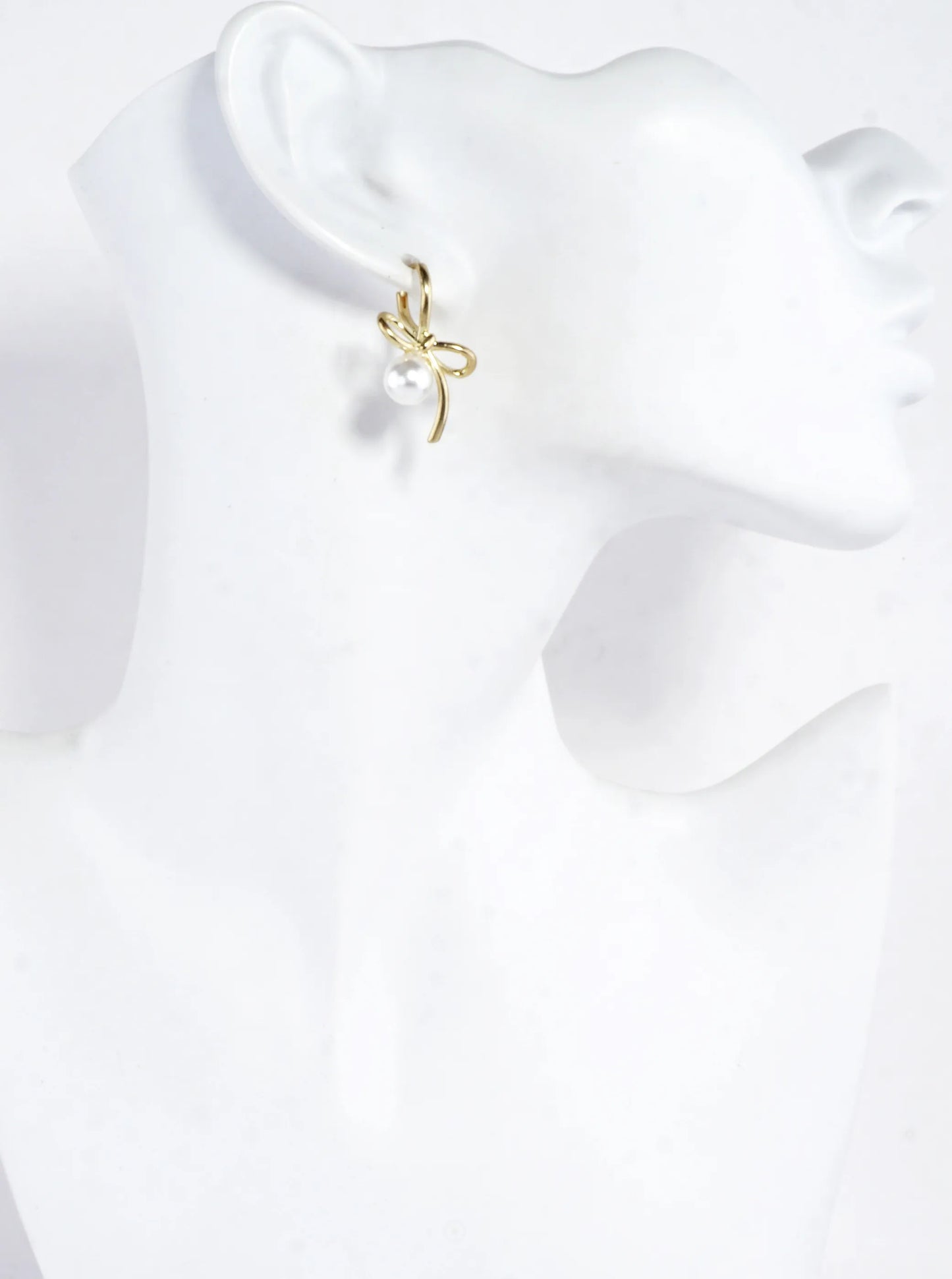 Brass Bow On Pearl Pedestal Drop Earrings