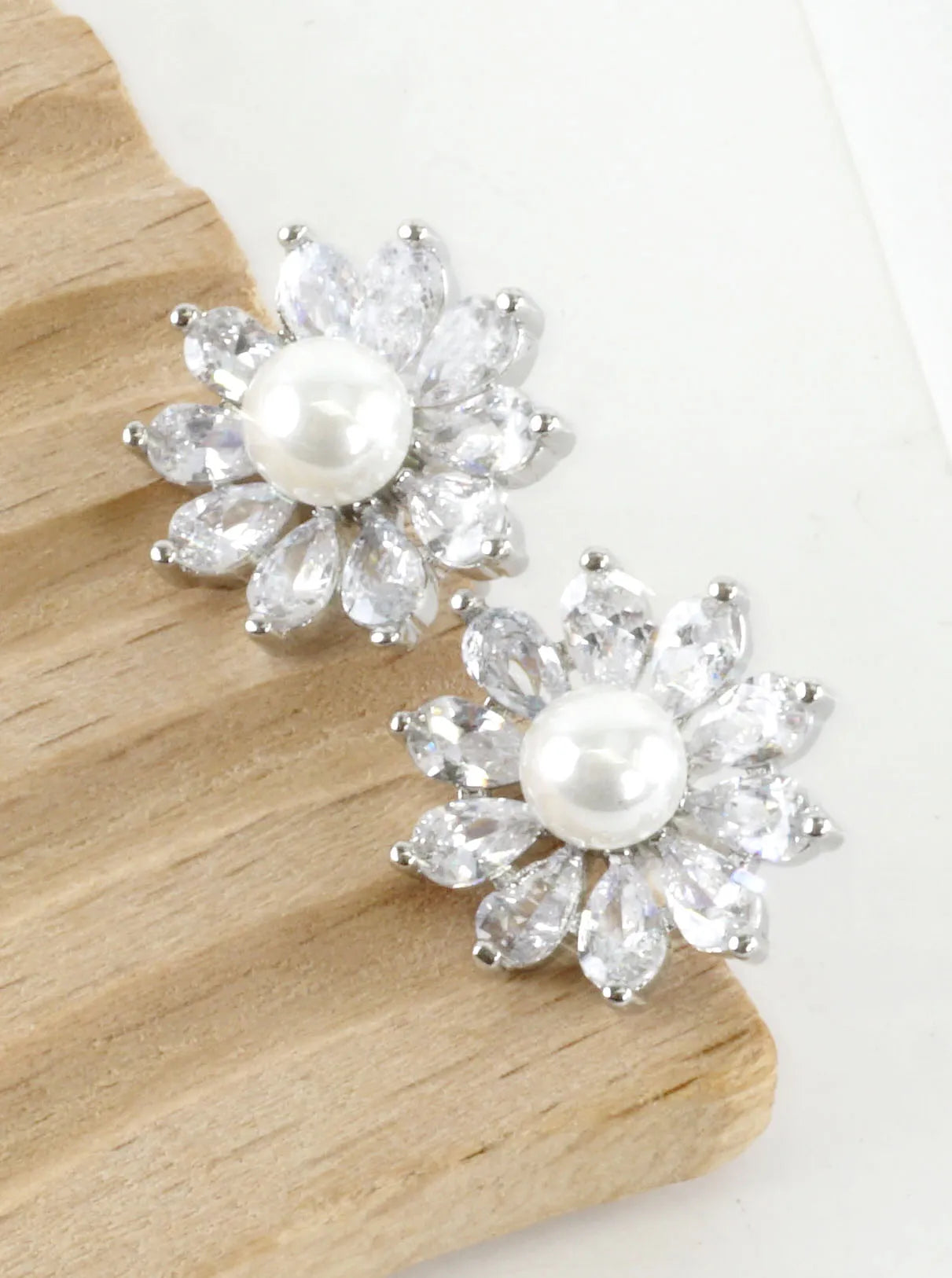 Brass Cubic Zirconia Pearl Flower Stud Earrings