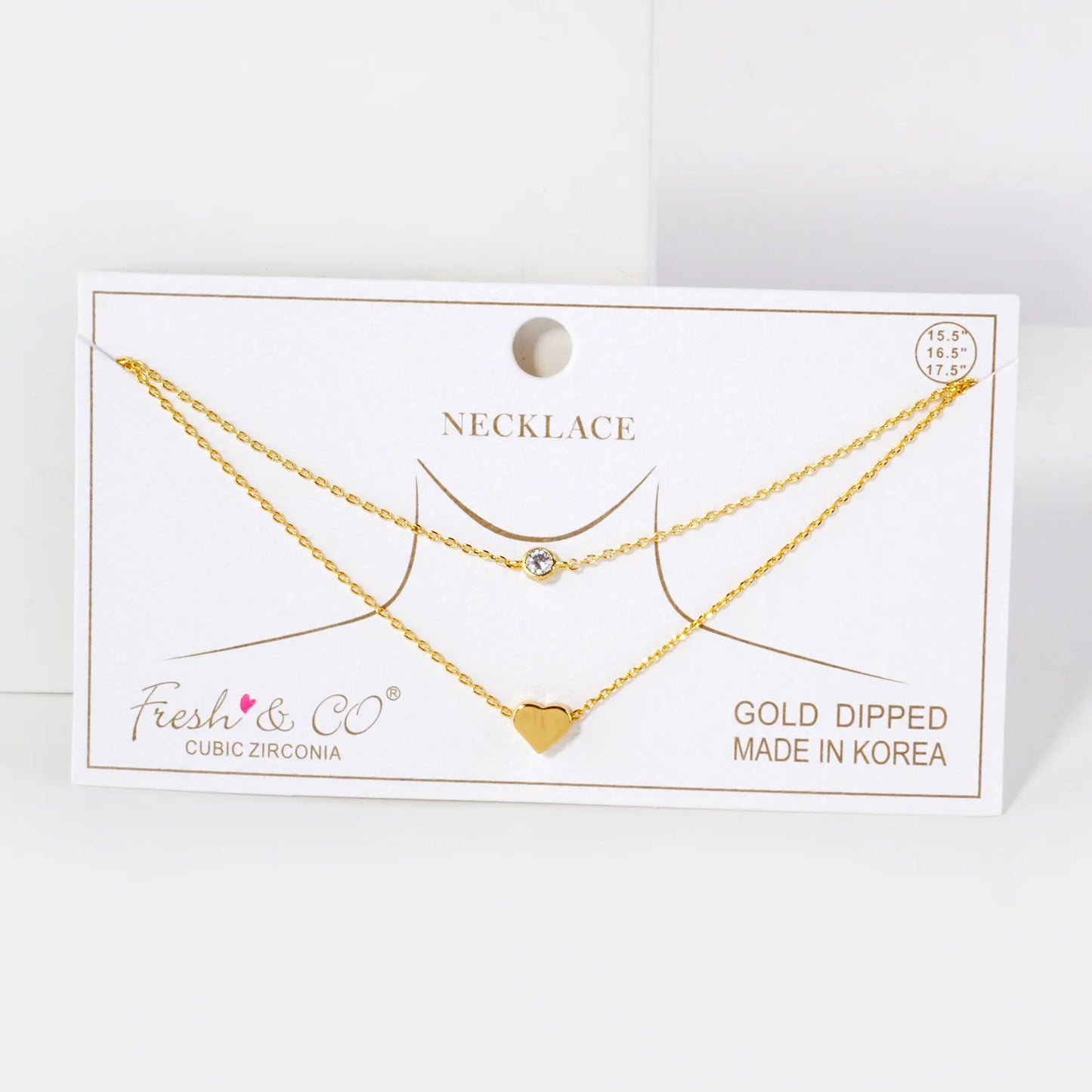 Brass Heart CZ Pendant 18K-Gold-Dipped Layered Necklace
