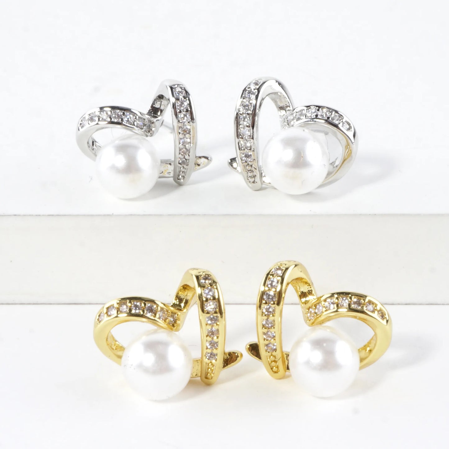 Brass Love Knot Earrings Cubic Zirconia Pave Pearl