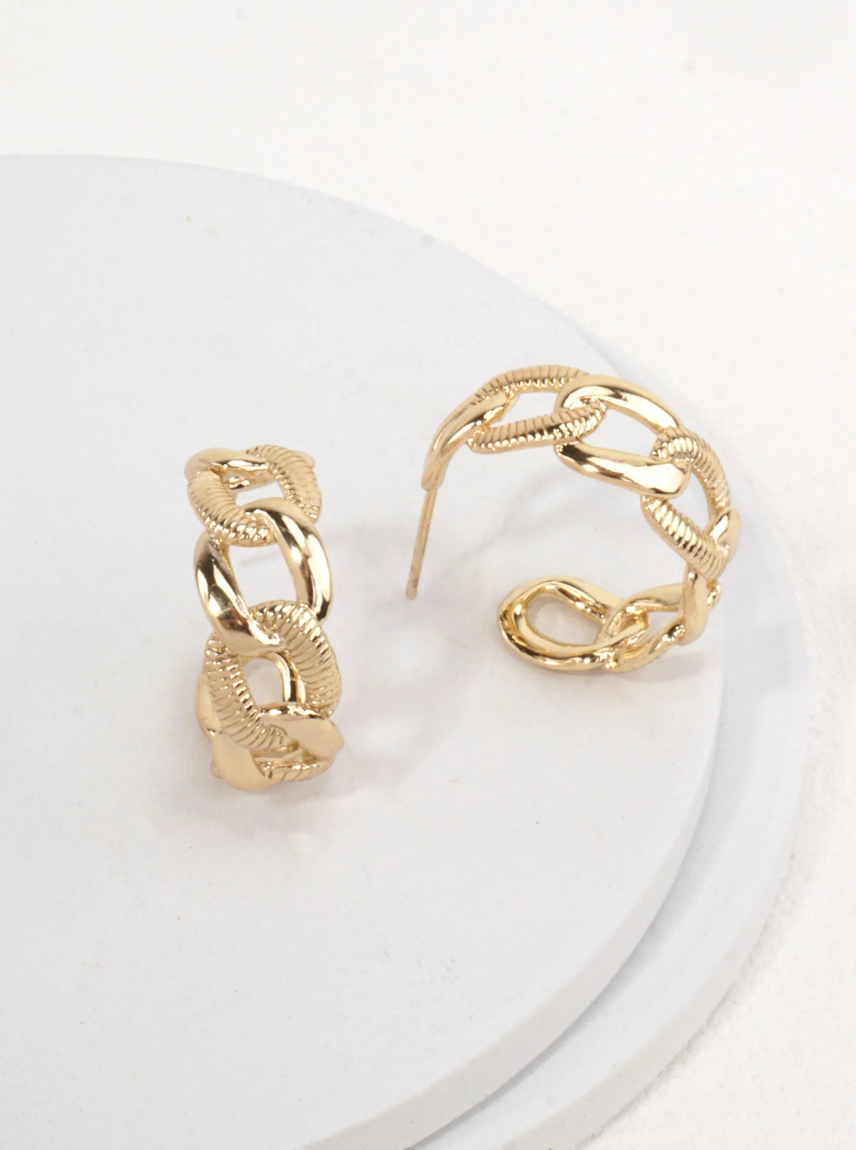 Brass Simulated Cuban Chain Hoop Earrings - Gold Dipped