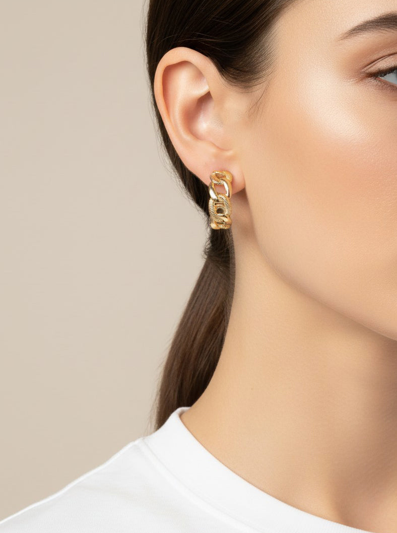 Brass Simulated Cuban Chain Hoop Earrings - Gold Dipped